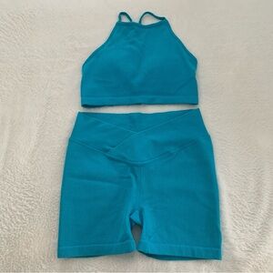 Women’s M JOY LAB Turquoise Blue Ribbed High Neck Bra Cross Waist Shorts Set